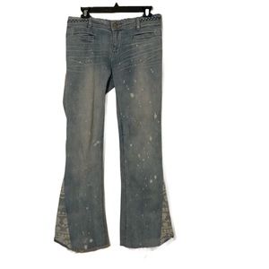 Free People Blue Distressed Flared Jeans with Printed Insets